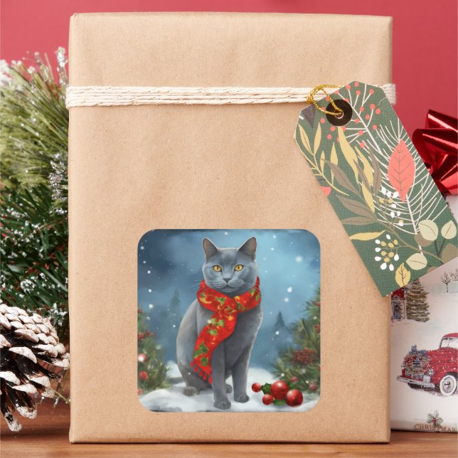 Russian Blue Cat in Snow Christmas Square Sticker (Holiday)