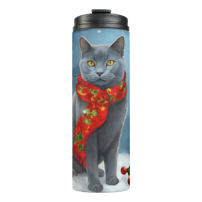 Russian Blue Cat in Snow Christmas Thermal Tumbler (Front)