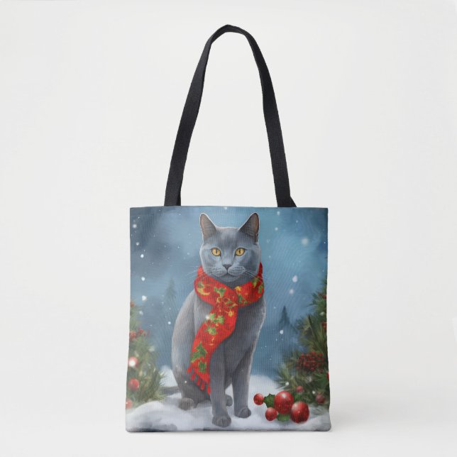 Russian Blue Cat in Snow Christmas Tote Bag (Front)