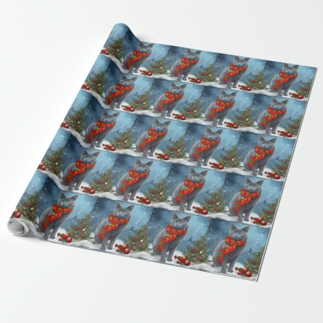 Russian Blue Cat in Snow Christmas Wrapping Paper (Unrolled)