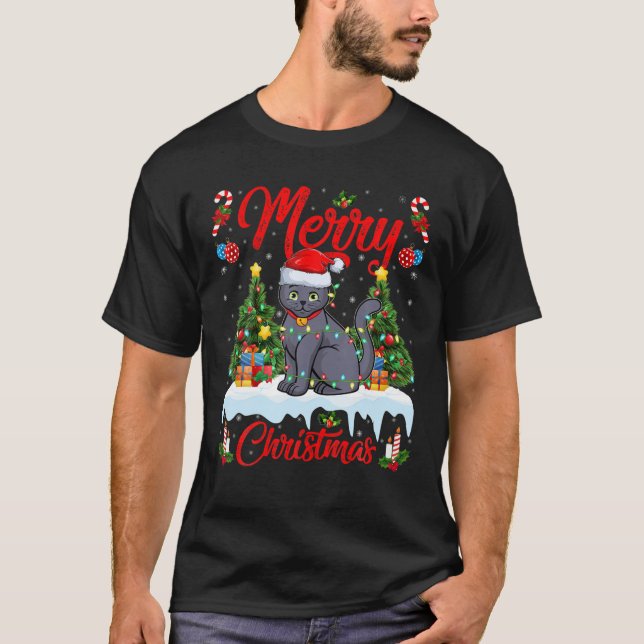 Russian Blue Cat Lover Lighting Santa Russian Blue T-Shirt (Front)
