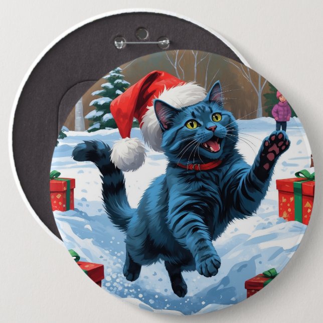 Russian Blue Cat Running Snow with Christmas Hat 6 Cm Round Badge (Front & Back)