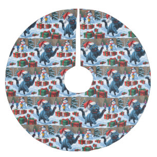 Russian Blue Cat Running Snow with Christmas Hat Brushed Polyester Tree Skirt