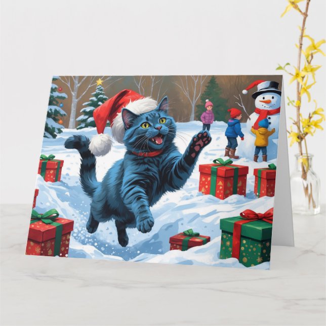 Russian Blue Cat Running Snow with Christmas Hat Card (Yellow Flower)