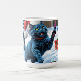 Russian Blue Cat Running Snow with Christmas Hat Coffee Mug