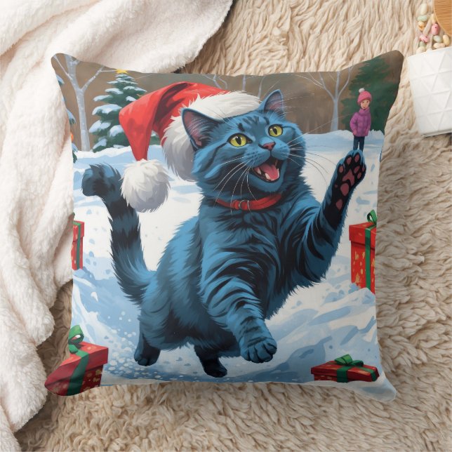 Russian Blue Cat Running Snow with Christmas Hat Cushion (Blanket)