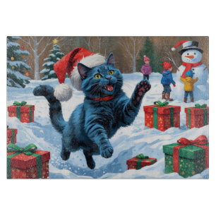Russian Blue Cat Running Snow with Christmas Hat Cutting Board