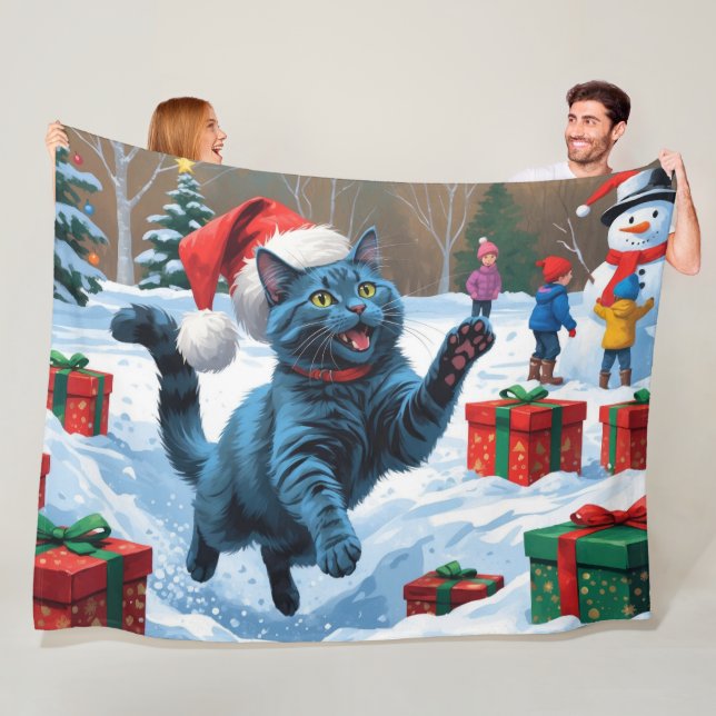 Russian Blue Cat Running Snow with Christmas Hat Fleece Blanket (In Situ)
