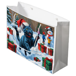 Russian Blue Cat Running Snow with Christmas Hat Large Gift Bag