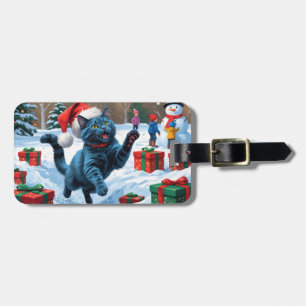 Russian Blue Cat Running Snow with Christmas Hat Luggage Tag