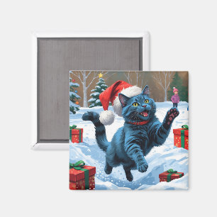 Russian Blue Cat Running Snow with Christmas Hat Magnet