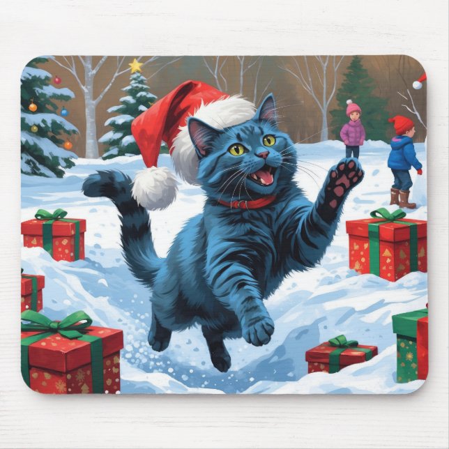 Russian Blue Cat Running Snow with Christmas Hat Mouse Mat (Front)