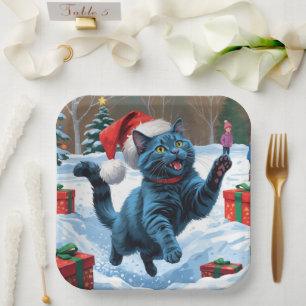 Russian Blue Cat Running Snow with Christmas Hat Paper Plate