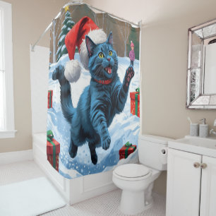 Russian Blue Cat Running Snow with Christmas Hat Shower Curtain