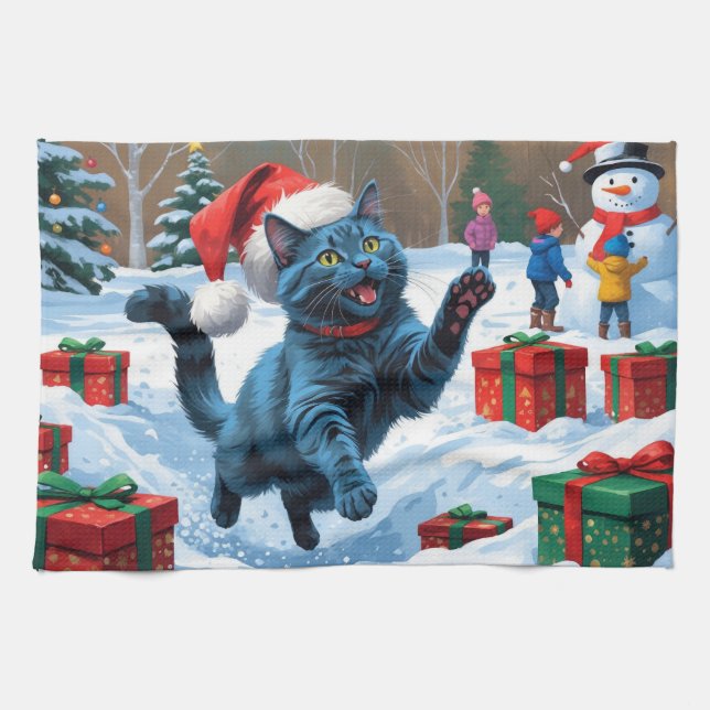 Russian Blue Cat Running Snow with Christmas Hat Tea Towel (Horizontal)