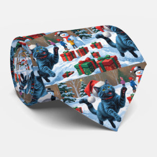 Russian Blue Cat Running Snow with Christmas Hat Tie