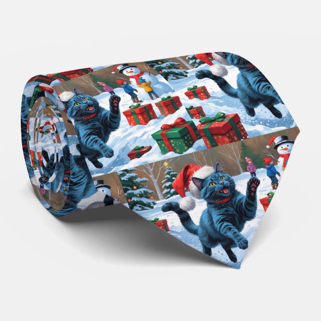 Russian Blue Cat Running Snow with Christmas Hat Tie (Rolled)