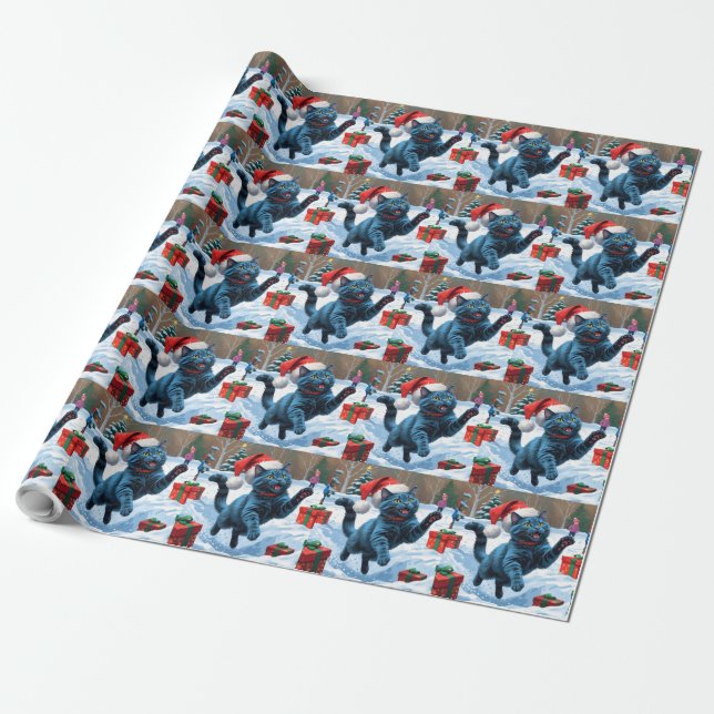 Russian Blue Cat Running Snow with Christmas Hat Wrapping Paper (Unrolled)