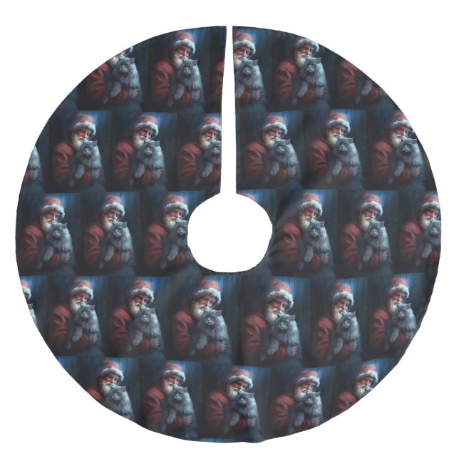 Russian Blue Cat Santa Claus Festive Christmas Brushed Polyester Tree Skirt (Front)