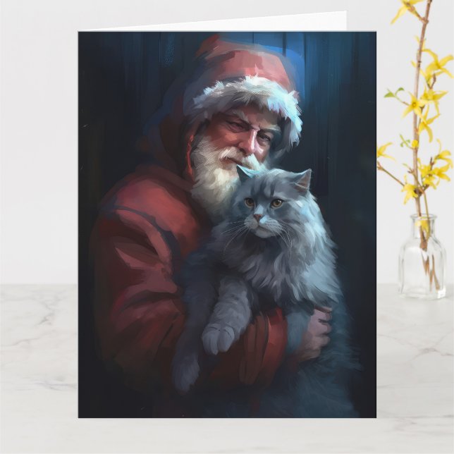 Russian Blue Cat Santa Claus Festive Christmas Card (Yellow Flower)