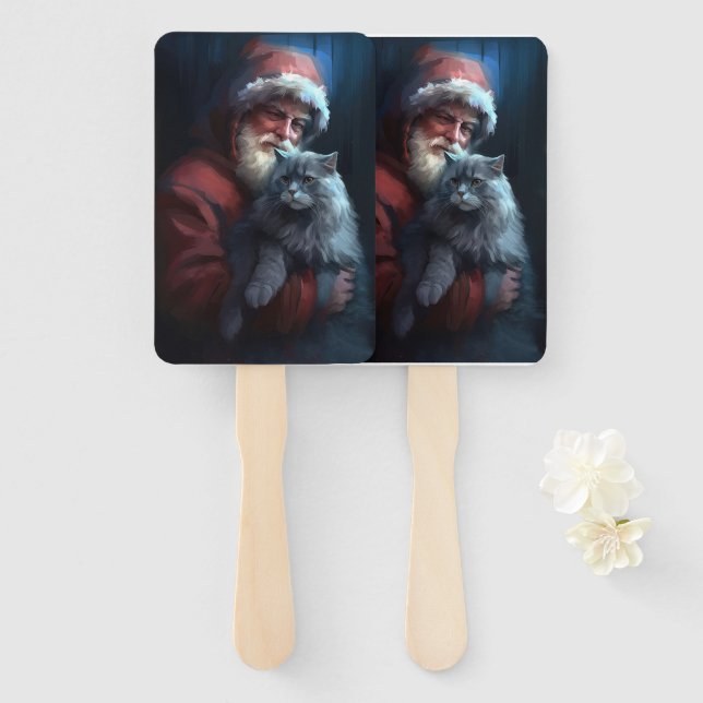 Russian Blue Cat Santa Claus Festive Christmas Hand Fan (Front and Back)
