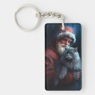 Russian Blue Cat Santa Claus Festive Christmas Key Ring