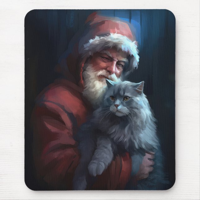 Russian Blue Cat Santa Claus Festive Christmas Mouse Mat (Front)