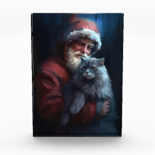Russian Blue Cat Santa Claus Festive Christmas Photo Block