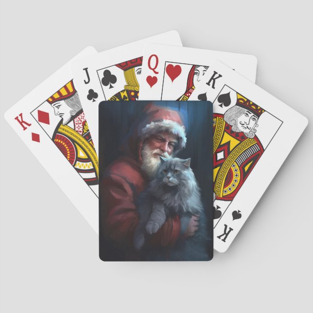 Russian Blue Cat Santa Claus Festive Christmas Playing Cards (Back)