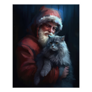 Russian Blue Cat Santa Claus Festive Christmas Poster