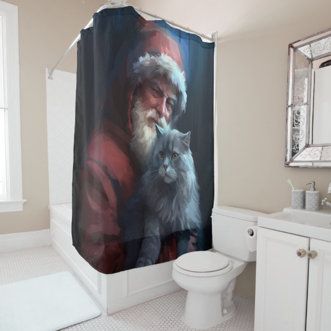 Russian Blue Cat Santa Claus Festive Christmas Shower Curtain (In Situ)