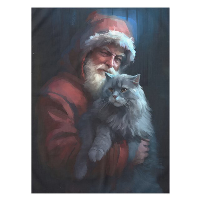 Russian Blue Cat Santa Claus Festive Christmas Tablecloth (Front)