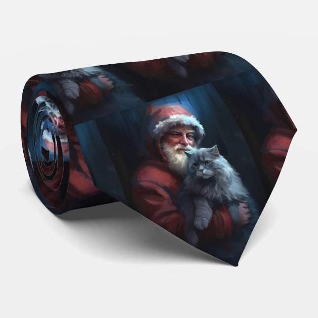 Russian Blue Cat Santa Claus Festive Christmas Tie (Rolled)