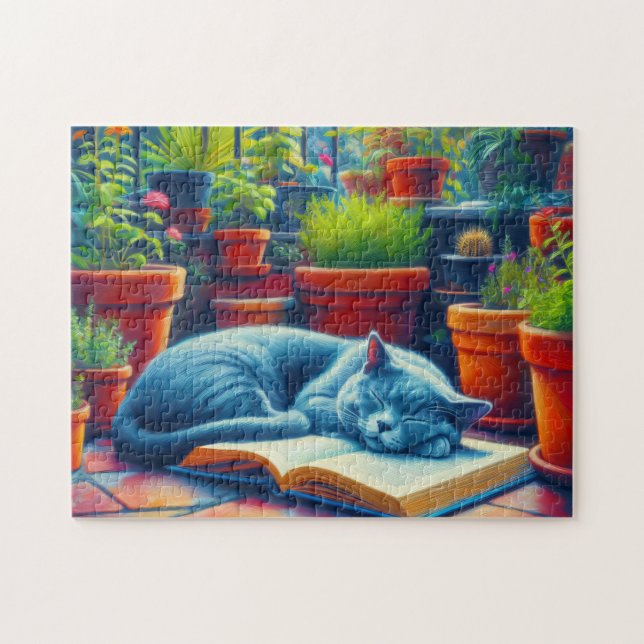Russian Blue Cat Sleeping on a Book Painting Jigsaw Puzzle (Horizontal)