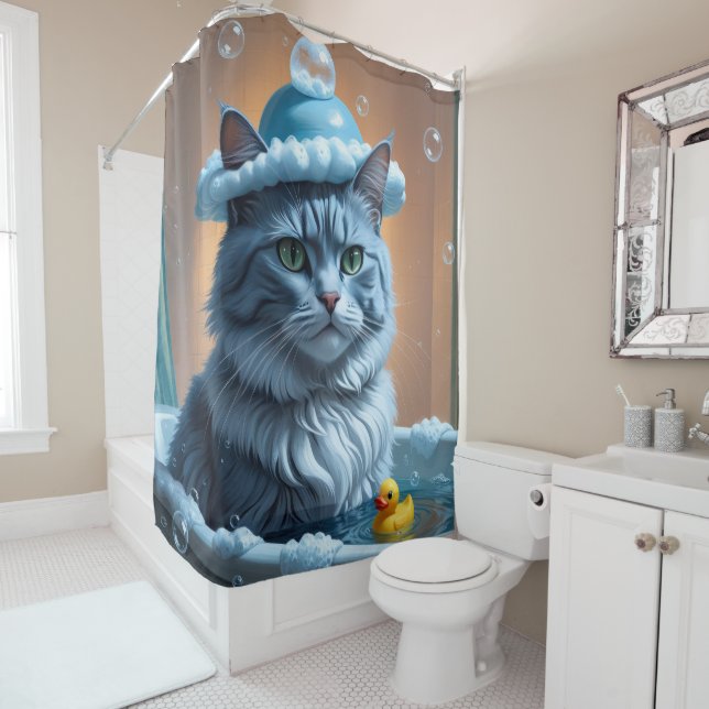 Russian Blue Cat Sloppy Sleepy Cute Funny Shower Curtain (In Situ)