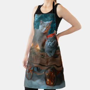 Russian Blue Cat Snowy Sleigh Christmas Decor Apron