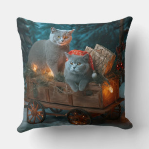 Russian Blue Cat Snowy Sleigh Christmas Decor Cushion