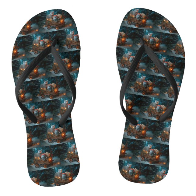 Russian Blue Cat Snowy Sleigh Christmas Decor Flip Flops (Footbed)