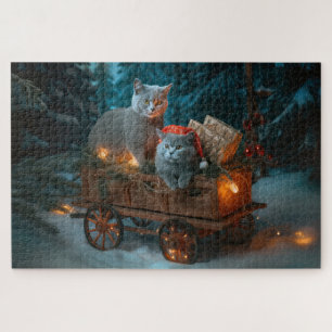 Russian Blue Cat Snowy Sleigh Christmas Decor Jigsaw Puzzle