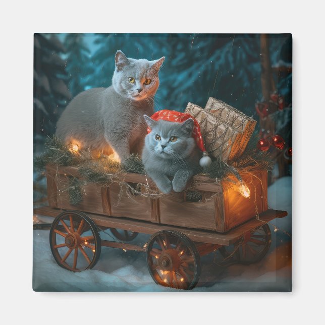 Russian Blue Cat Snowy Sleigh Christmas Decor Magnet (Front)