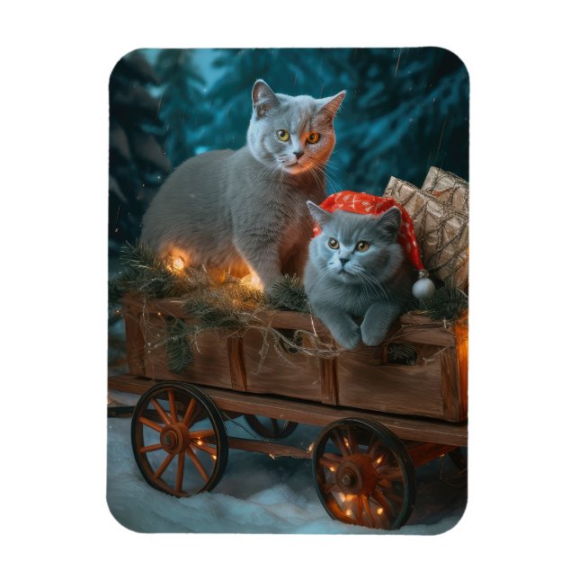 Russian Blue Cat Snowy Sleigh Christmas Decor Magnet (Vertical)