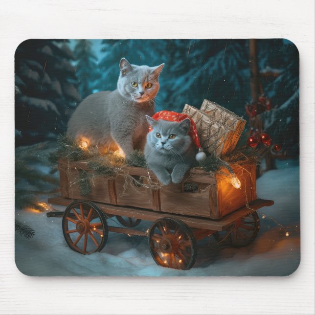 Russian Blue Cat Snowy Sleigh Christmas Decor Mouse Mat (Front)