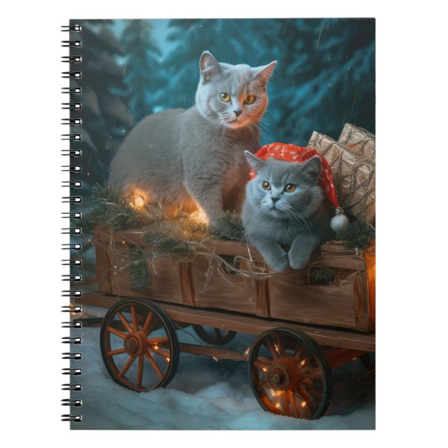 Russian Blue Cat Snowy Sleigh Christmas Decor Notebook (Front)