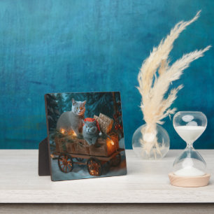 Russian Blue Cat Snowy Sleigh Christmas Decor Plaque