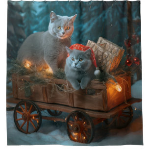 Russian Blue Cat Snowy Sleigh Christmas Decor Shower Curtain