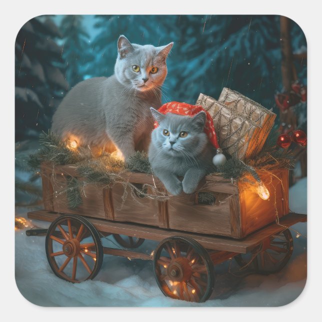 Russian Blue Cat Snowy Sleigh Christmas Decor Square Sticker (Front)
