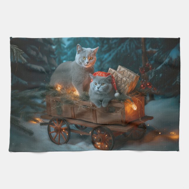 Russian Blue Cat Snowy Sleigh Christmas Decor Tea Towel (Horizontal)