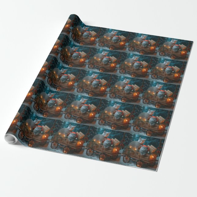 Russian Blue Cat Snowy Sleigh Christmas Decor Wrapping Paper (Unrolled)