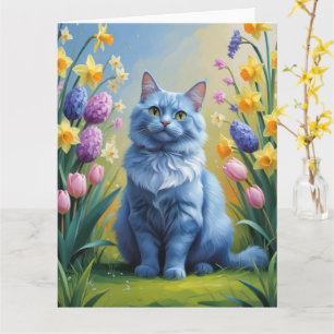 Russian Blue Cat Spring Flowers Painting Card