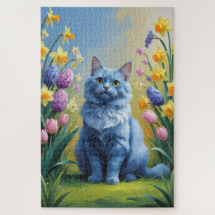 Russian Blue Cat Spring Flowers Painting  Jigsaw Puzzle